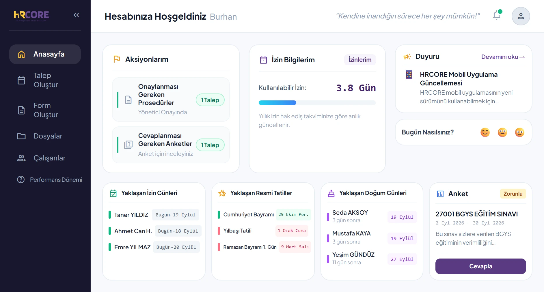 HRCORE web uygulaması ana ekranı